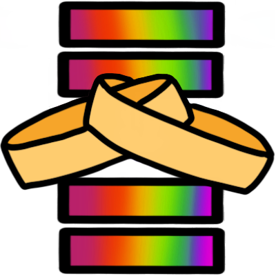 two overlapping golden rings. both above and below them is an equals sign, coloured in with a rainbow gradient.